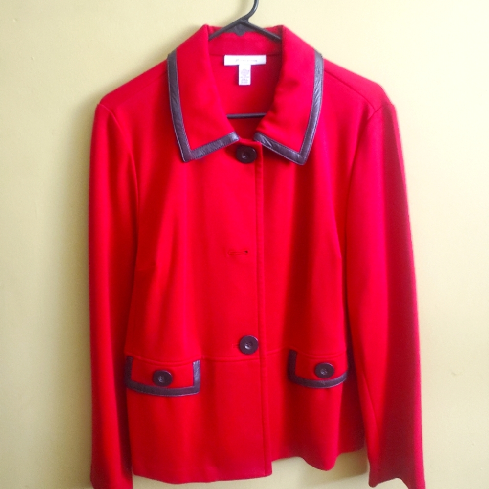 Women's size large red blazer with faux leather black collar trim and pockets.